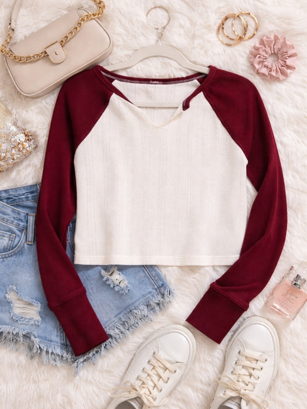 stradivarius L Burgundy & White Crop Top – Y2K Raglan Long Sleeve, large
